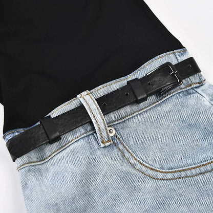 LGRQ Denim Patchwork Pants For Women Fashion New High Waist Contrast Color Belt Straight Pant Female 2026 Summer New 17A2013H