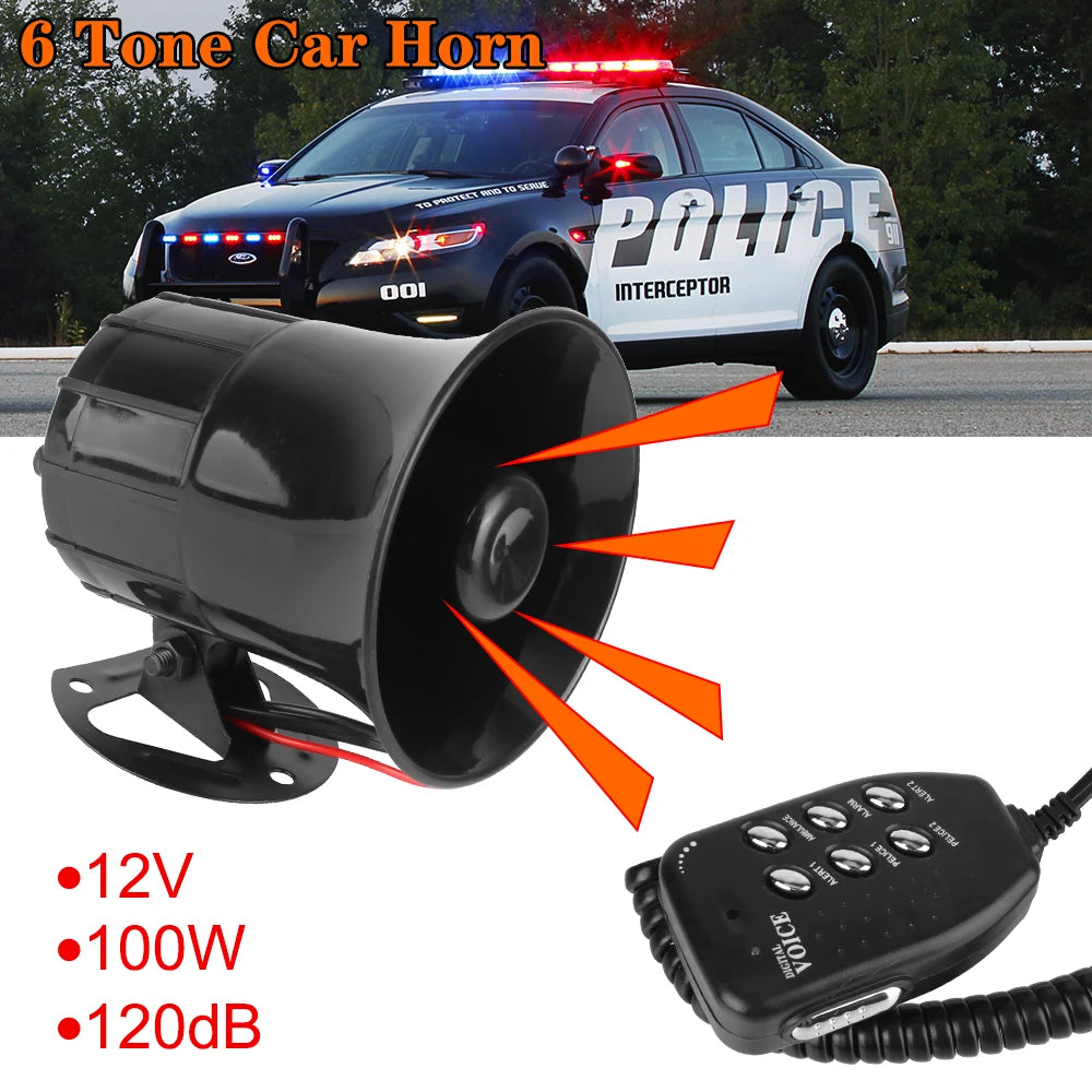 12V 120DB Loudspeaker 6 Tone Police Siren Car Air Horn Loud Speaker Automotive Warning Alarm Megaphone Multi-tone Claxon Horn