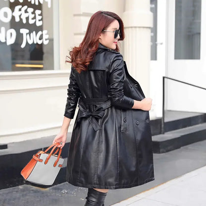 Top Compound lambskin leather jacket lady Free wash PU women clothing trench Long faux fur coat streetwear casaca para mujer