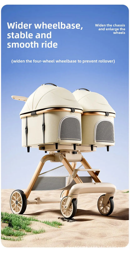 Twin Pet Cart Double Cabin Walking Pet Artifact Cat and Dog Outdoor Small and Medium Lightweight Foldable Double Layer Cart