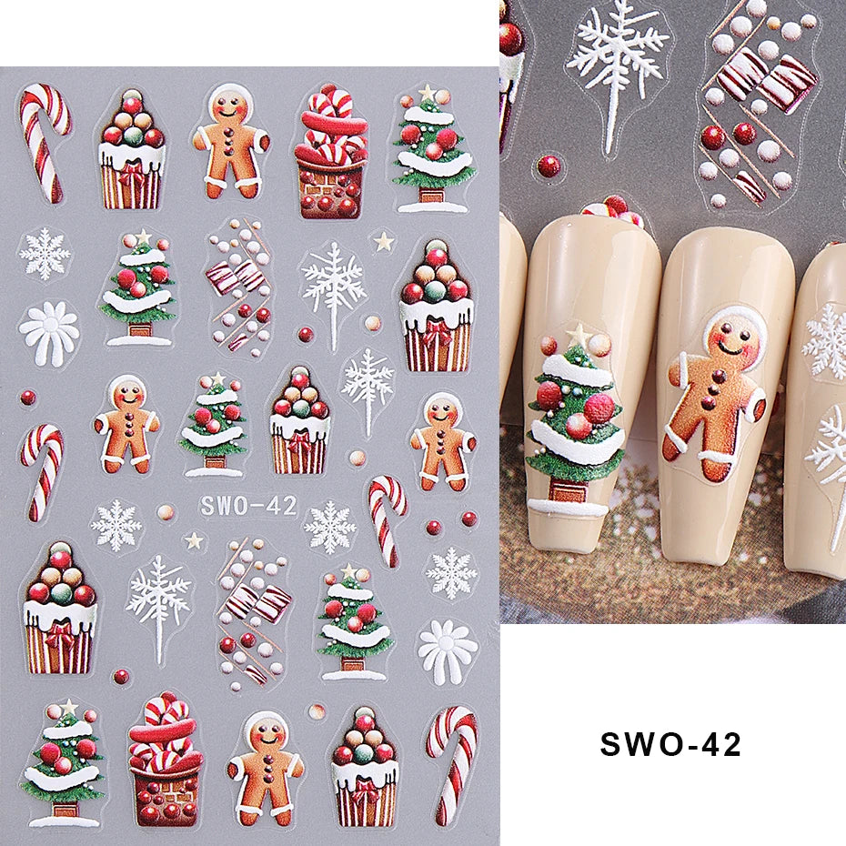 5D Embossed Christmas Nail Stickers Gingerbread Man Snowflake Snowman Penguin Nail Decal Autumn Winter Nail Supplies Decoration