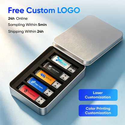 5PCS 10PCS USB Flash Drive 128GB Free Custom Logo Pen Drive 64GB Wholesale Pendrive 32GB Metal Box Memory Stick Storage Device
