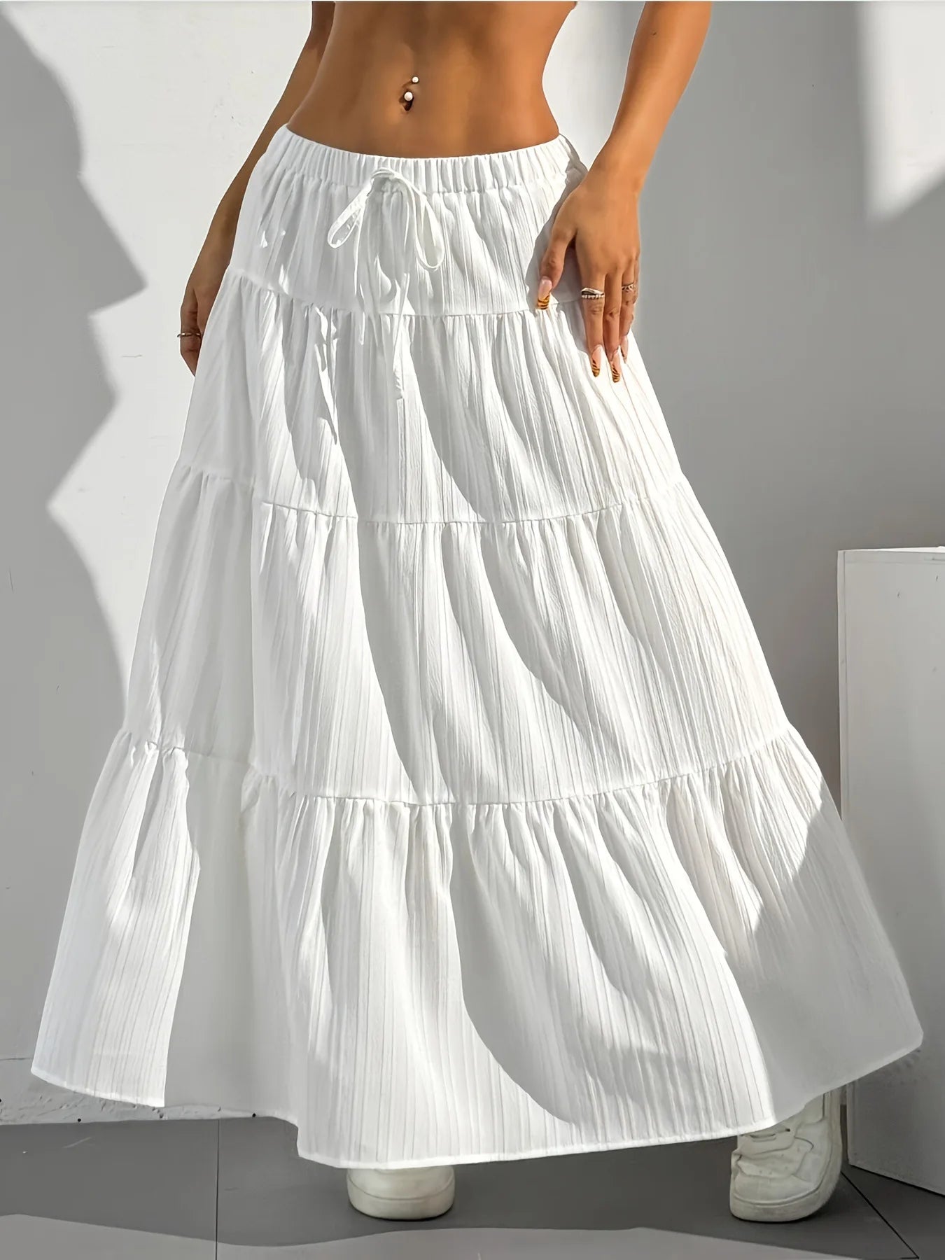 European and American Cross-Border New Style Wish Spring and Summer Women's Skirts, Tie-Strap Spliced Flared Skirts, Loose Long