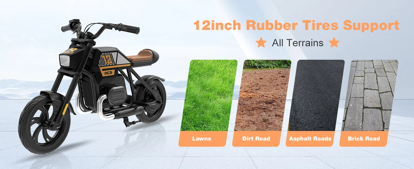 RCB KIDS Kids Electric Motorcycle R9, 200W 24V Rechargeable Ride On Toy, 3 Speed Adjustable, Bluetooth Music LED Light, Max Load 80kg, Outdoor Racing Toy for Children 6+