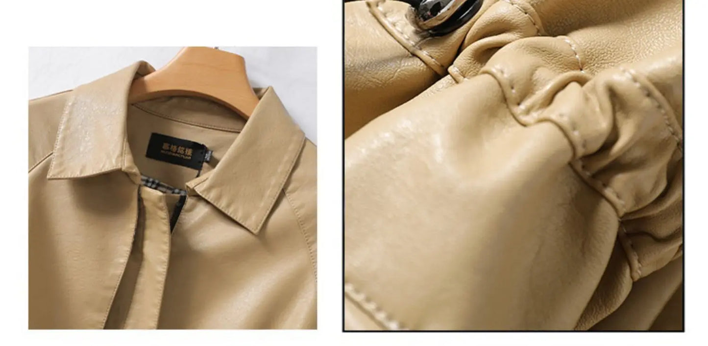 M-4XL Women's Sheepskin Coat Fashion Khaki Zipper Elastic Waist Female Long Sleeve Casual Loose Split Leather Jackets 2024 New