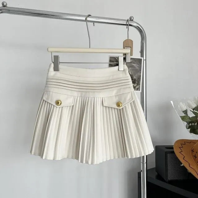 New Fashion Korean Elegant Pleated Mini Skirts Women Vintage Buttons Woolen Solid A-line High Waist Short Skirt Autumn Spring 