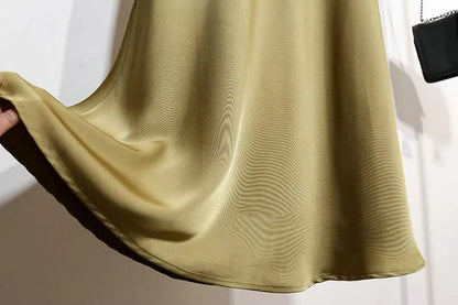 Botvotee Elegant Satin Long Skirt for Women Spring Summer 2025 Office Ladies Korean Style Loose Elastic Band Midi Skirts