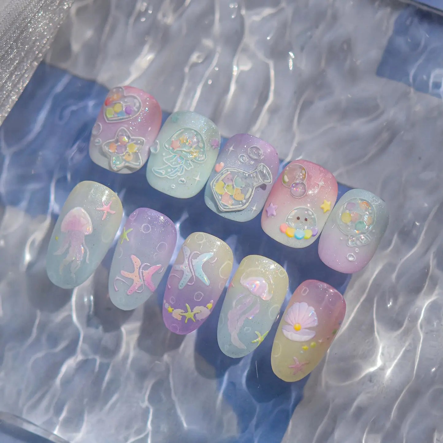 Colorful Bagful Jellyfish Bubbles Swimming Rings Rainbow Stars Ocean Starfish Self Adhesive 5D Nail Art Sticker Manicure Decal