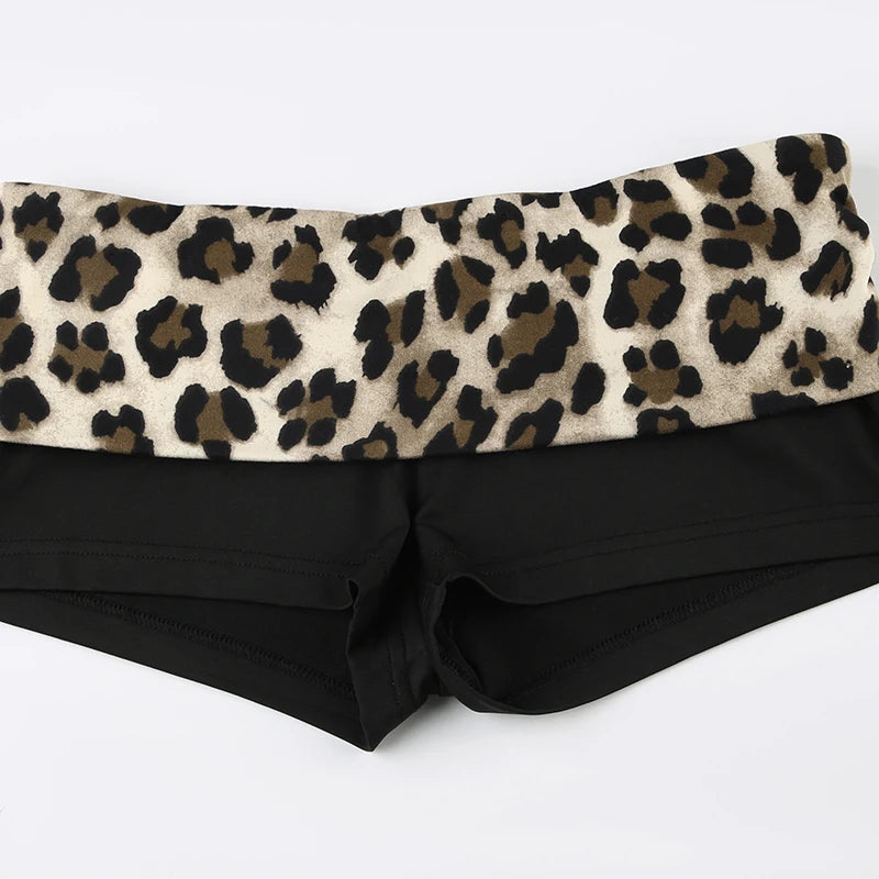SUCHCUTE Leopard Print Patchwork Skinny Shorts Y2K Aesthetic 2000s Elastic Waist Bottoms Women Fashion Grunge Fairycore Clothes