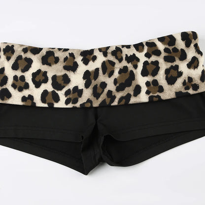 SUCHCUTE Leopard Print Patchwork Skinny Shorts Y2K Aesthetic 2000s Elastic Waist Bottoms Women Fashion Grunge Fairycore Clothes