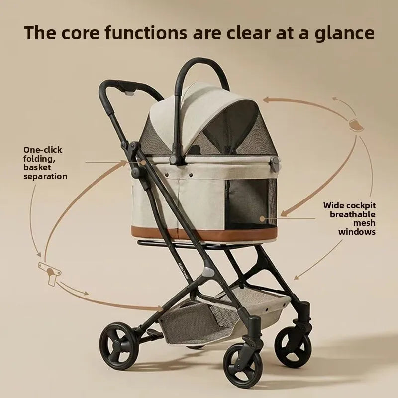 Breathable Large Space Pet Stroller One-Click Foldable Detachable Hand Cart For Dogs Cats Outdoor Travel