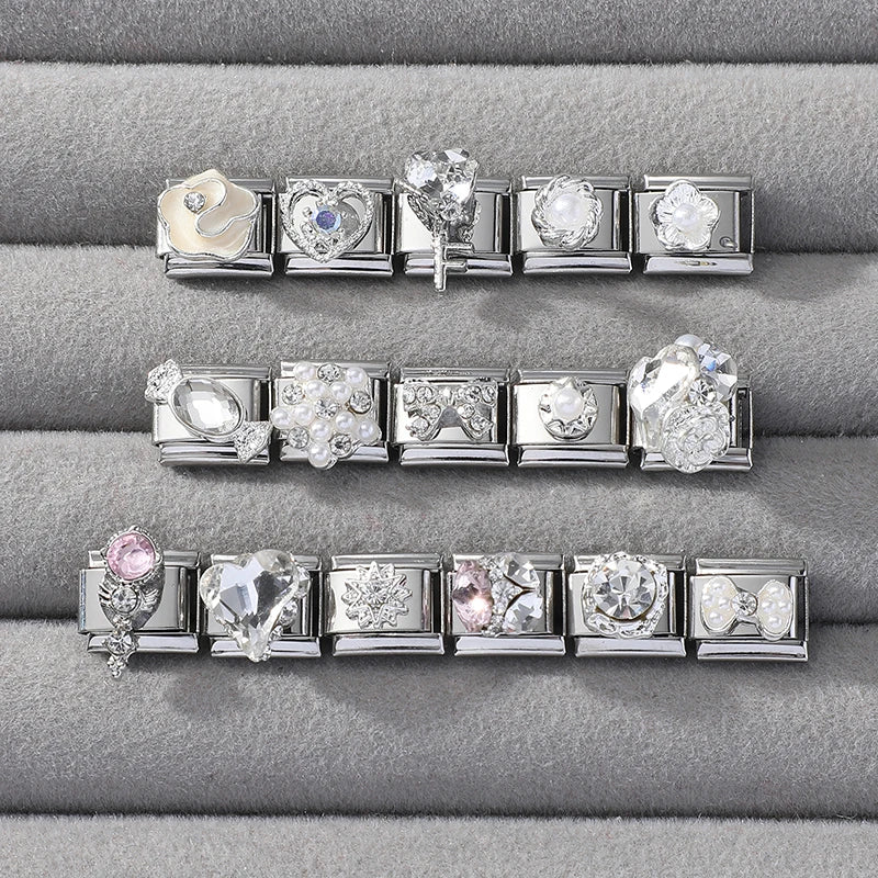 Zircon Pearl Heart Bow Candy Flower Butterfly Italian Charm Links Fit 9mm Stainless Steel Bracelet Personalized DIY Making Gifts