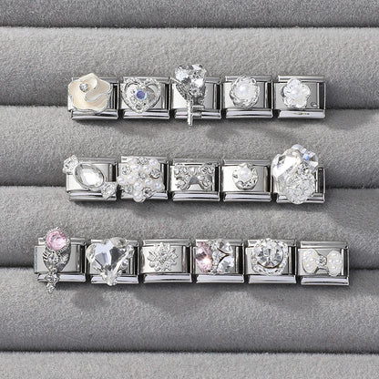 Zircon Pearl Heart Bow Candy Flower Butterfly Italian Charm Links Fit 9mm Stainless Steel Bracelet Personalized DIY Making Gifts