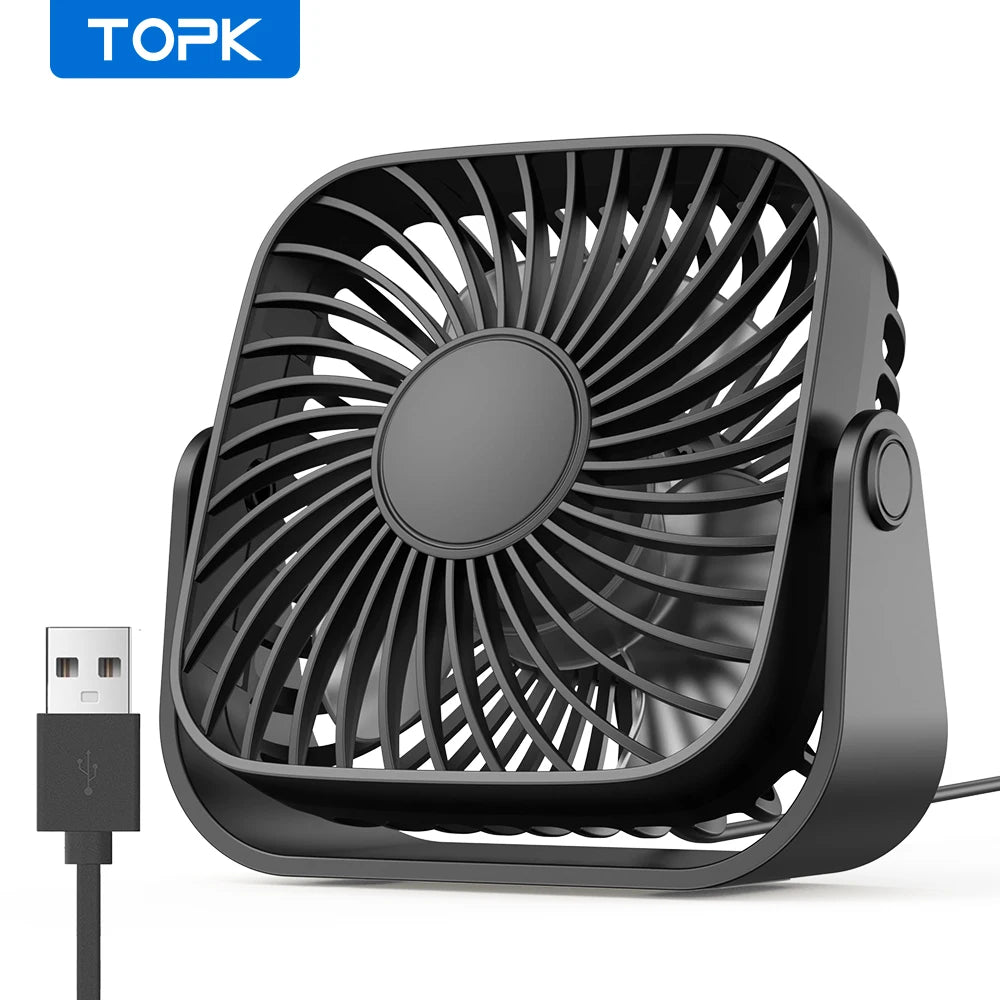 TOPK 4 colių USB mini nešiojamasis ventiliatorius stovyklavimui, 3 greičių tylus stalinis asmeninis ventiliatorius, 360° reguliuojamas pastatomas ventiliatorius kambariui, namams