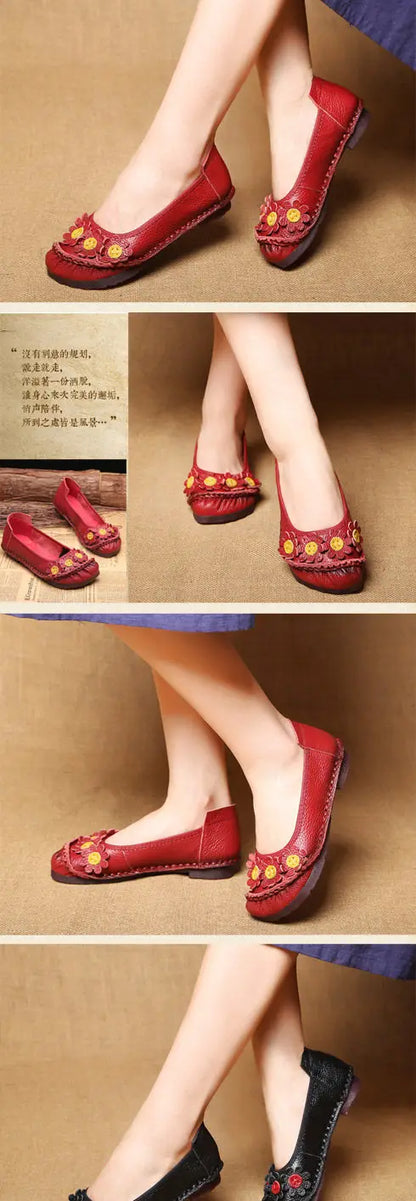 Vintage Flower Moccasins Woman Genuine Leather Ballet Flats Ladies Hollow Slip Ons Women's Luxury Loafer Purple Walking Shoes 42