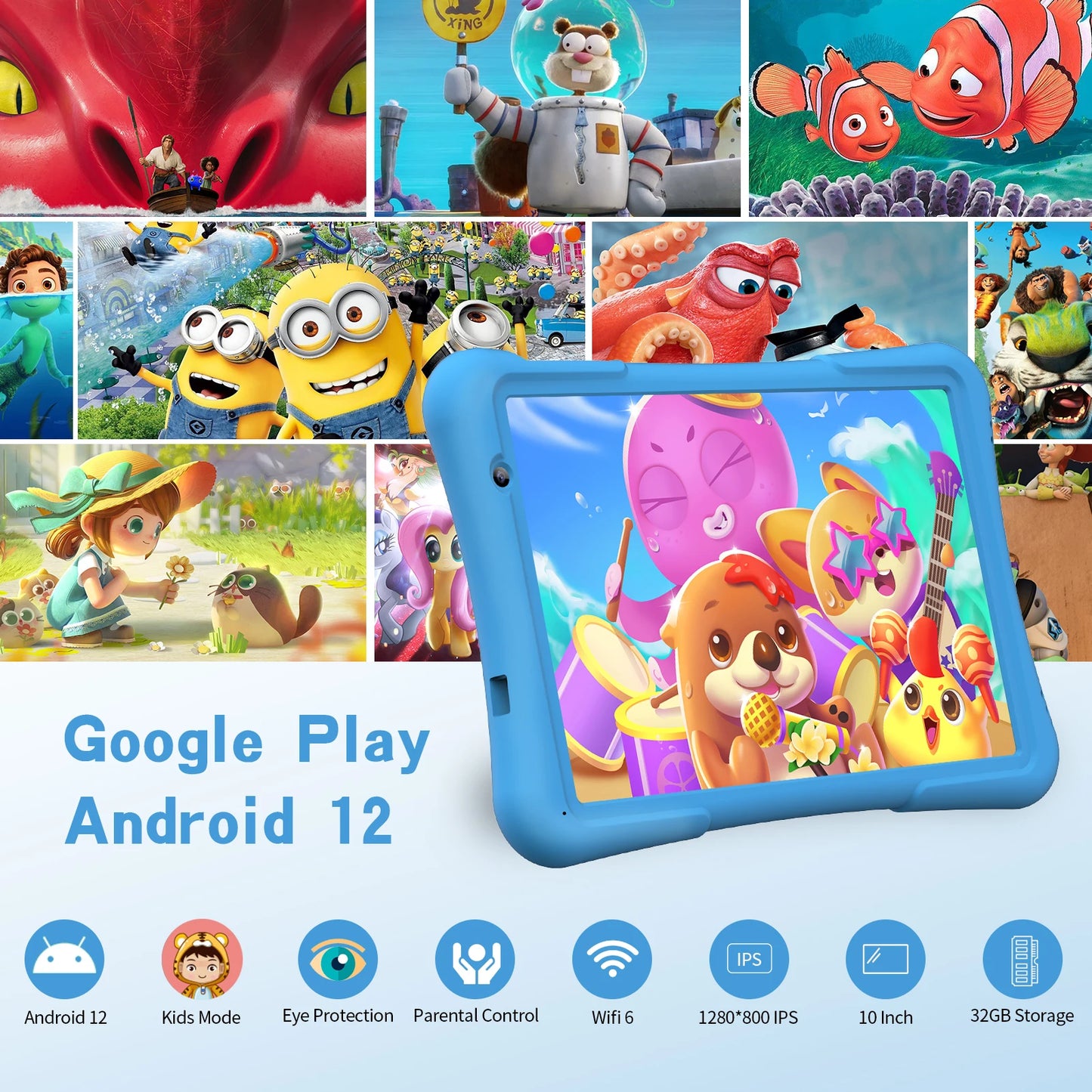 PRITOM 10 inch Kids Android Tablet, 4GB(2+2)+32GB, Quad Core, 6000 mAh, WiFi 6, Dual Camera, Bluetooth, Toddler Tablet