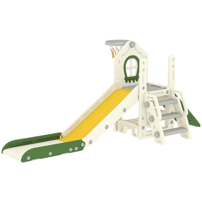 4-in-1 foldable slide with a climbing element, basketball hoop, storage space, and a basketball for children aged 1 to 3, cream white