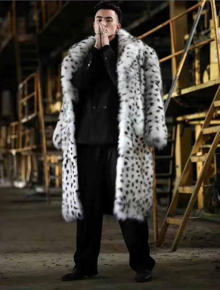 Leopard Men Winter Thick Hooded Faux Fox Fur Coat Jacket Long Sleeve Warm Luxury Fur Black Parkas Bontjas Furry Shaggy Outerwear
