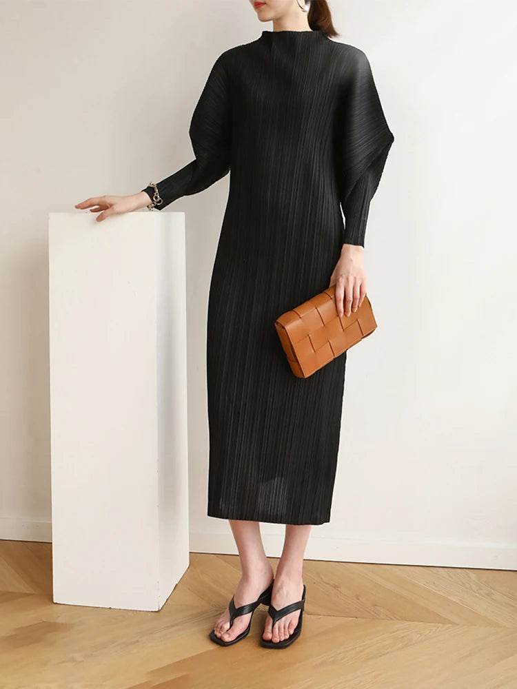 Miyake Pleats Batwing Sleeve Pleated Long Dress Korean High Fashion Causal Elegant Women Designer Clothing