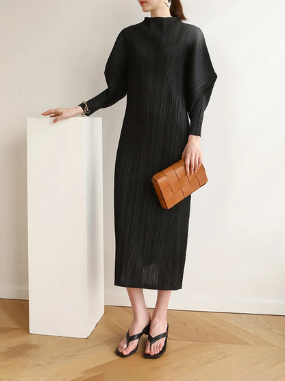 Miyake Pleats Batwing Sleeve Pleated Long Dress Korean High Fashion Causal Elegant Women Designer Clothing