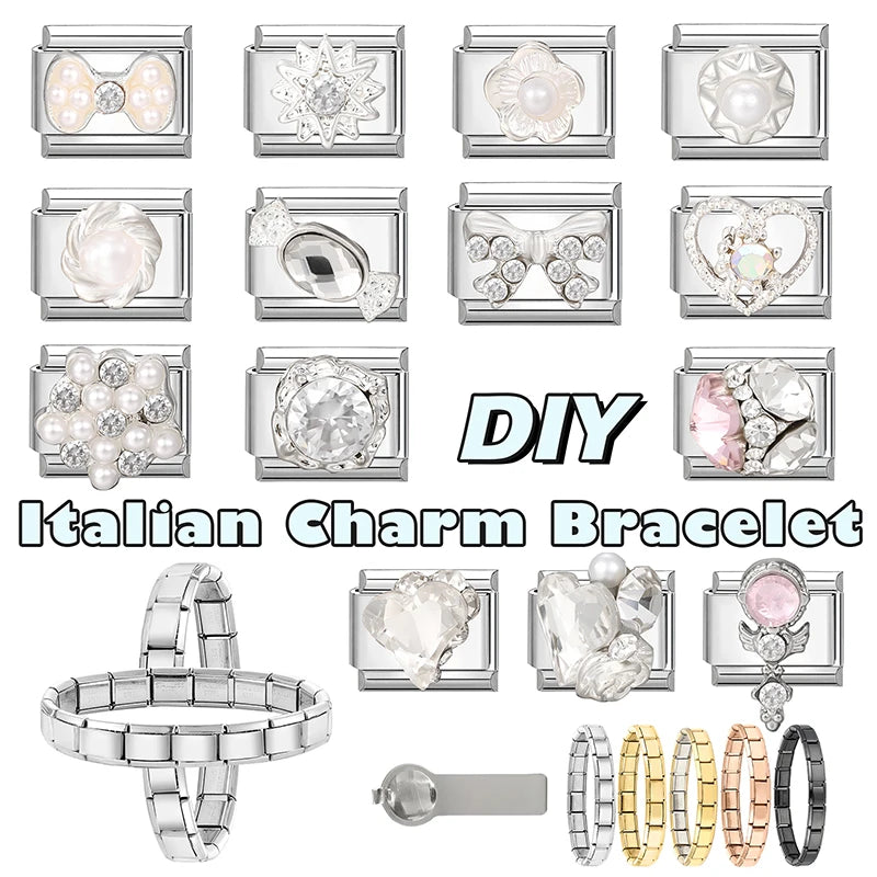 Zircon Pearl Heart Bow Candy Flower Butterfly Italian Charm Links Fit 9mm Stainless Steel Bracelet Personalized DIY Making Gifts