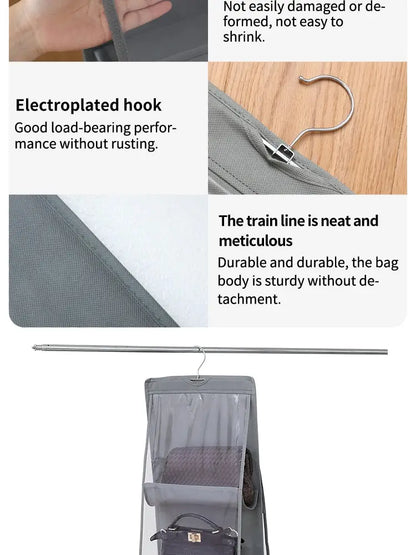 6 Pocket Hanging Handbag Organizer For Wardrobe Closet Gray Waterproof Storage Bag Door Wall Clear Sundry Bag With Hanger Pouch