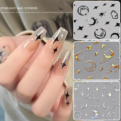 12Pcs 3D Gold Star Moon Sun Nail Stickers 10*8cm Y2K Starlight Self-adhesive Nail Decals Snake Cat Slider DIY Manicure Accessory
