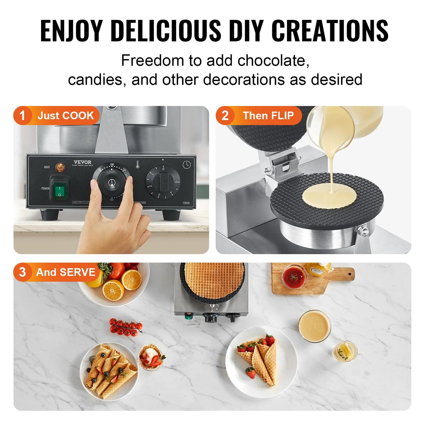SucceBuy Electric Ice Cream Cone Maker Commercial Non-Stick Stainless Steel Egg Roll Mold with Temperature and Time Control