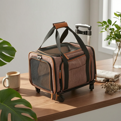 Rolling Mesh Pet Carrier Soft-sided Animal Carrier Breathable Mesh Windows Telescoping Handle for Convenient Transport