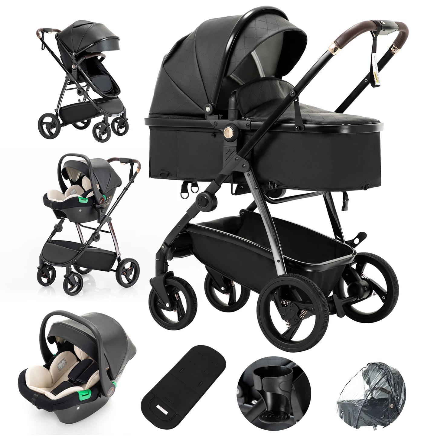 Baby stroller 3 in 1 Baby carriage Portable luxurious travel pram High landscape newborn baby stroller with baby carrier PU