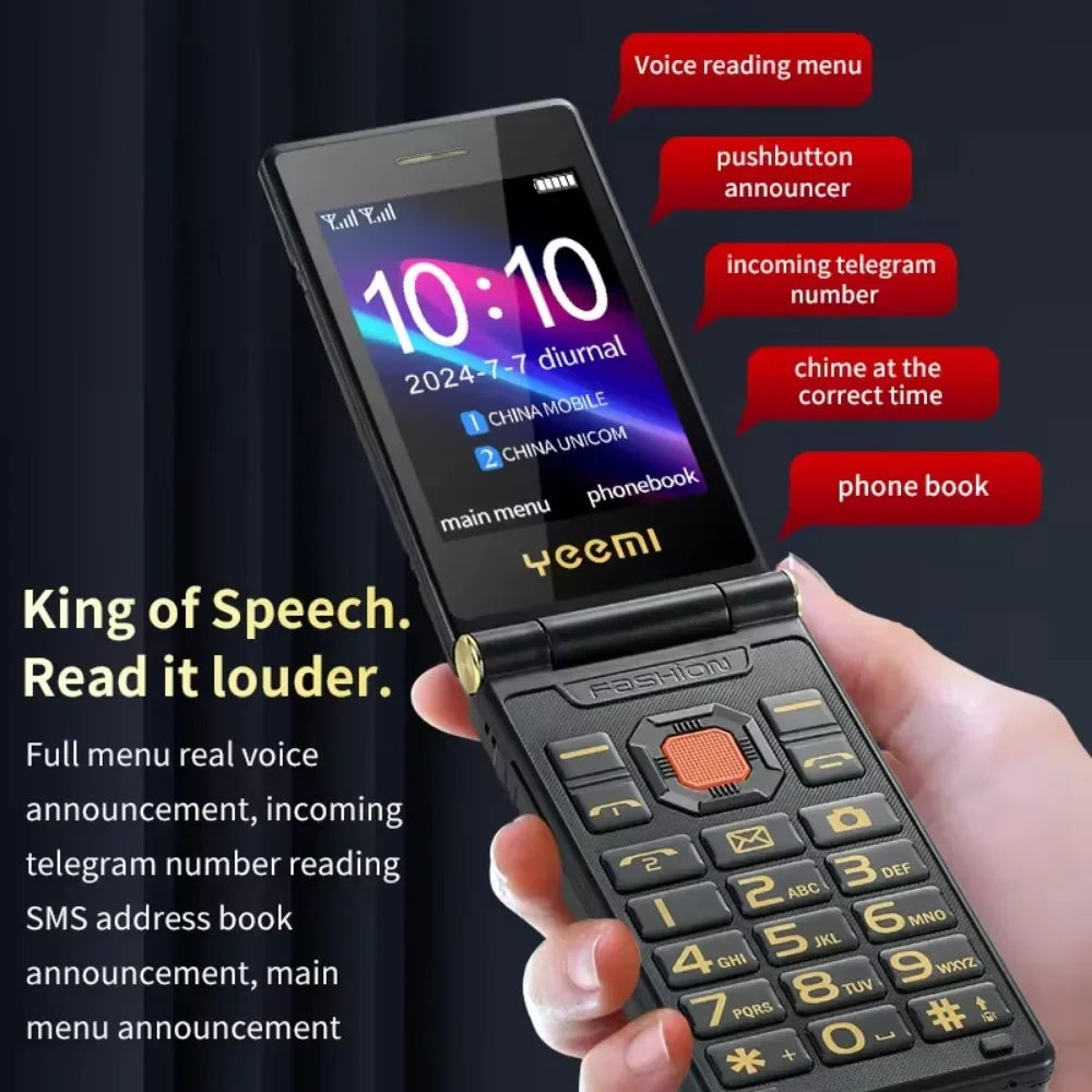 YeeMI M7+ 4G Rugged Feature Phone Big Button Full Band Flip Phone Dual SIM Dual Screen Cellphone For Old Man 6800mAh Big Battery