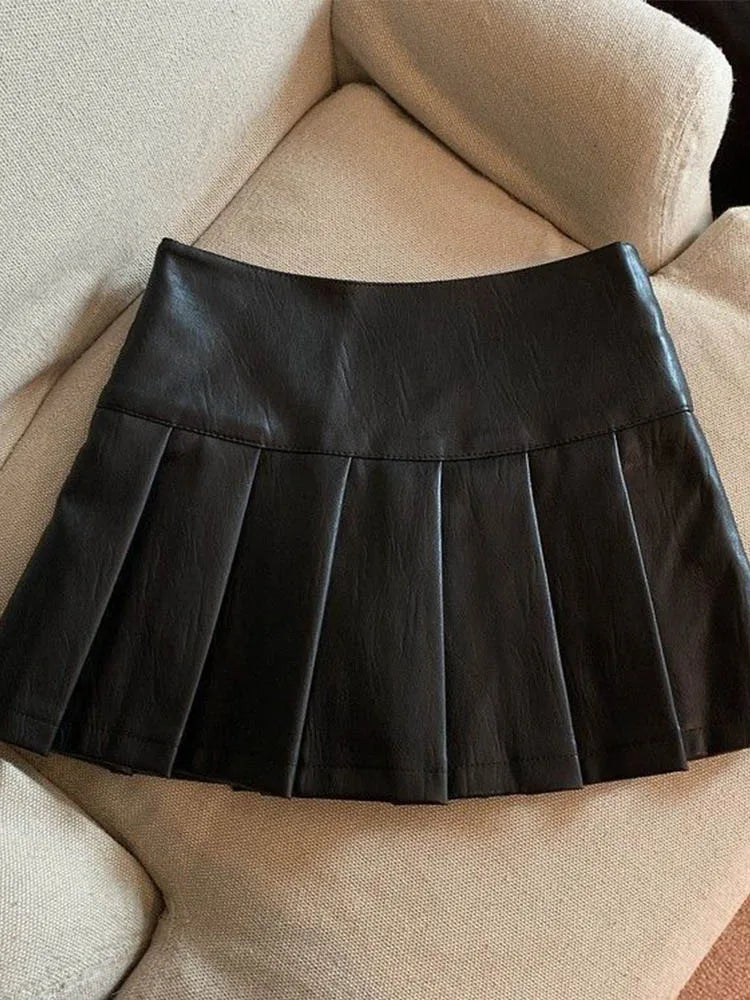 S-3XL Y2K Pu Leather Mini Skirts Women Streetwear High Waist Pleated Skirt Vintage Korean Black Slim Casual A Line Skirts