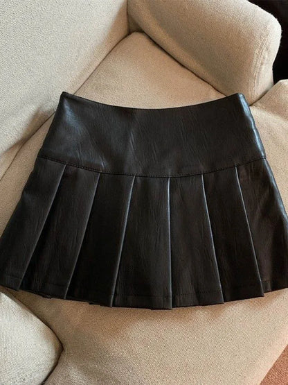 S-3XL Y2K Pu Leather Mini Skirts Women Streetwear High Waist Pleated Skirt Vintage Korean Black Slim Casual A Line Skirts