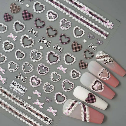Japanese Bowknot Lace Heart Nail Stickers Self Adhesive Sweet Cool Pink Black Lace Nail Decals Cool Girls Manicure Decorations