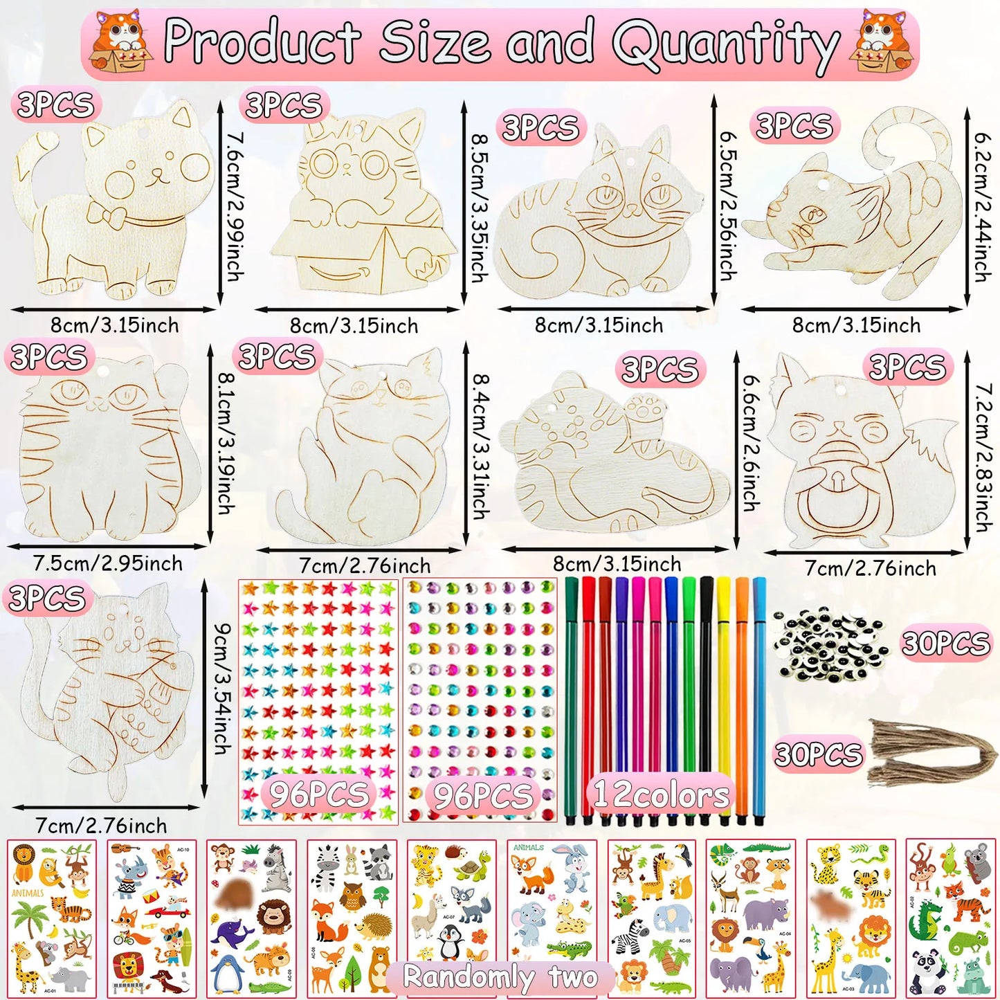 290PCS Wooden Cat Painting DIY Handcraft Kit Creative Decoration Artwork Craft Set Ideal for Drawing & Handmade Gifts