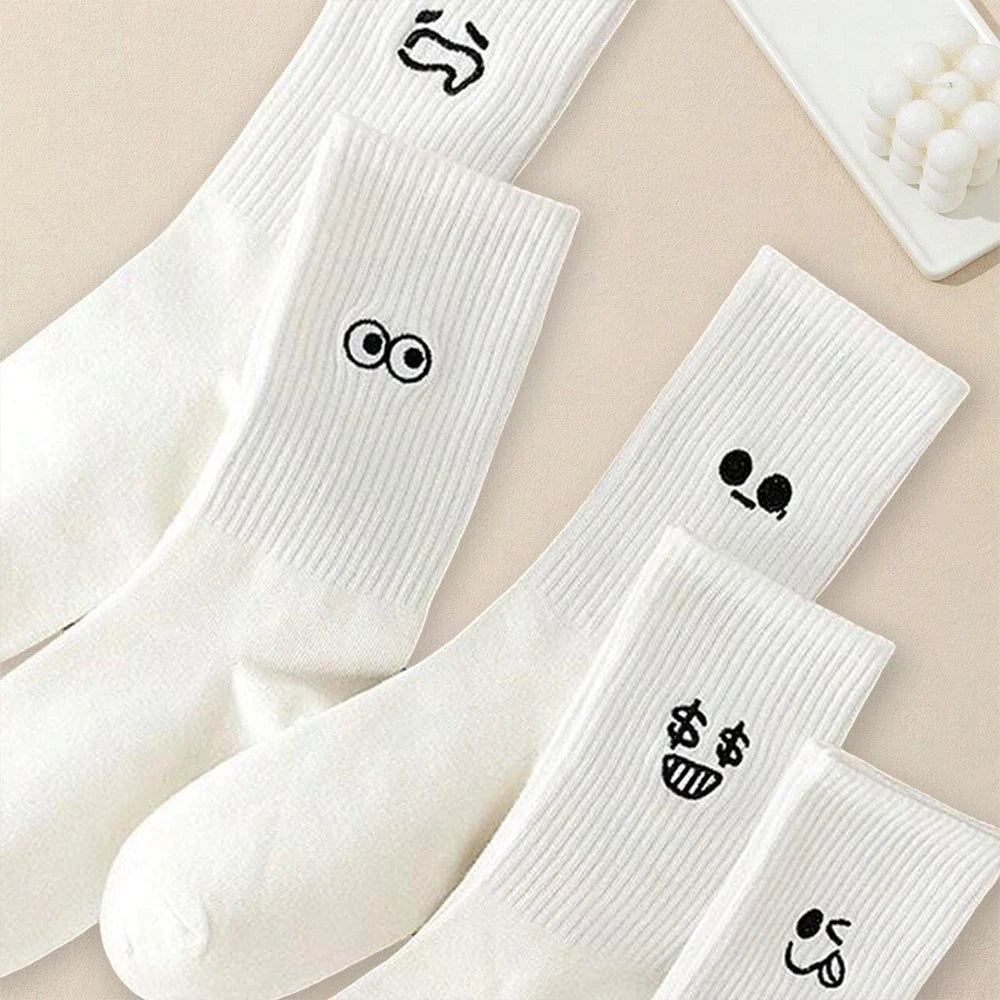 5/10/20 Pairs Men White Cartoon Socks Trendy Versatile Expression Socks With Simple Soft Breathable Comfortable Casual Socks