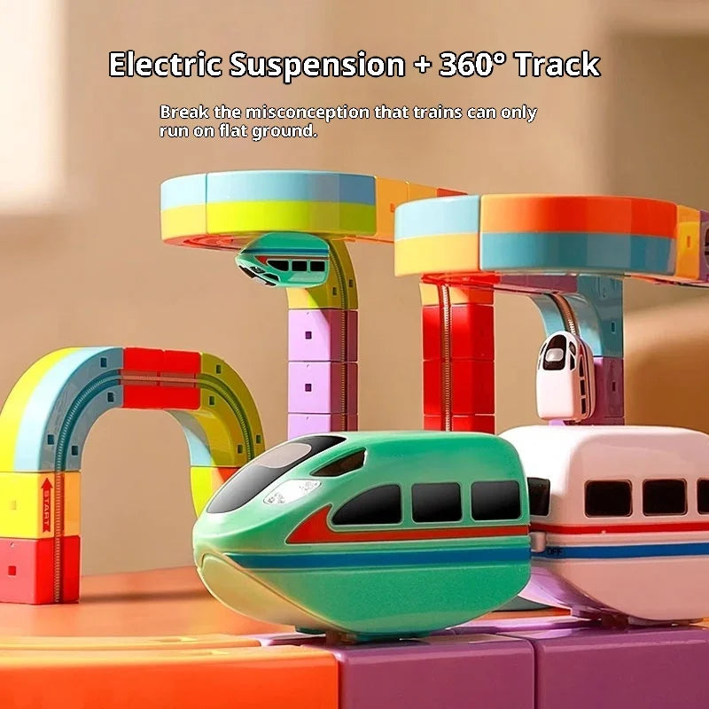 Electric Magnetic Track Set STEM Building Toy with Anti-Gravity Vehicles 100+ Pieces DIY Railway Model Creative Gift for Kids