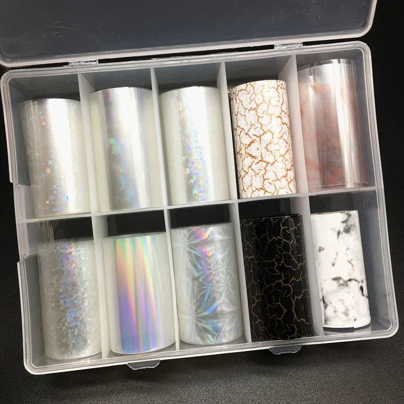 10 Patterns New Metal Nail Foils for Transfer Paper Stickers Floral Chameleon Nails Wraps DIY Water Marble Nail Art Decorations