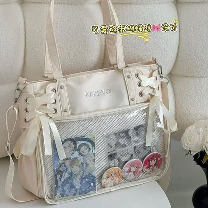 College Style Crossbody Bag with Ribbon Large Capacity for Class Book Carrying Mailman Bag Girls Bow JK Shoulder Ita Bag Handbag