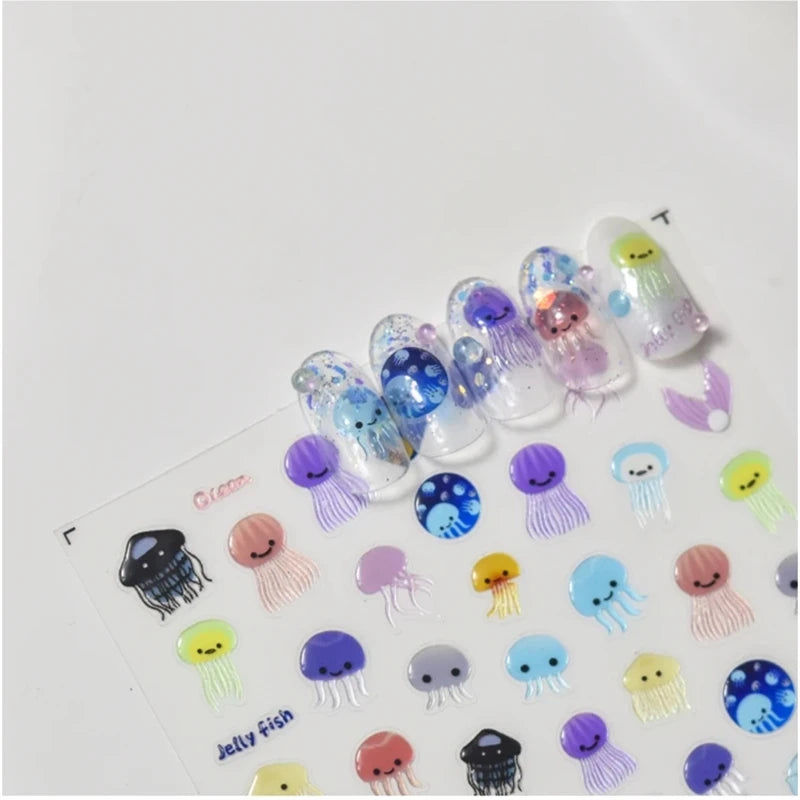 1pcs 5D Kawaii Jelly Nail Art Stickers Cute Jellyfish Self Adhesive Nail Art Decorations Stickers DIY Cartoon Manicure Decals