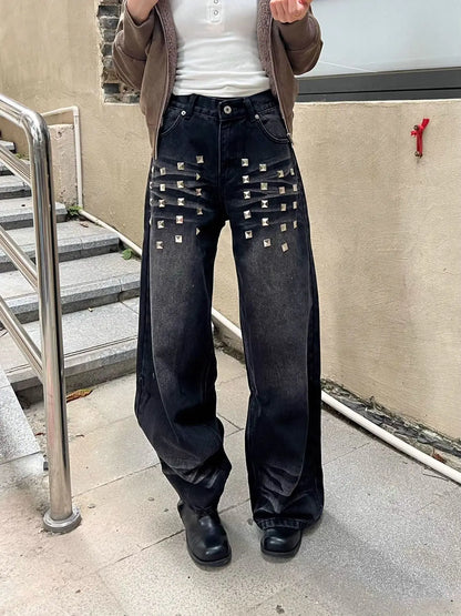 American Retro Washed Rivet Wide Leg Jeans Women Autumn and Winter New Loose Casual Slim Straight Pants