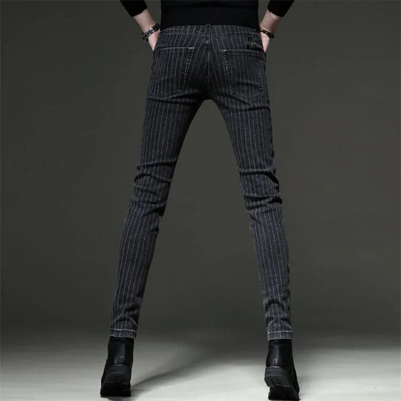 Men's Striped Slim Stylish Casual Pencil Pants Jeans Spring Autumn Korean Trendy Fashion Brand New Elastic Striped Long Trousers