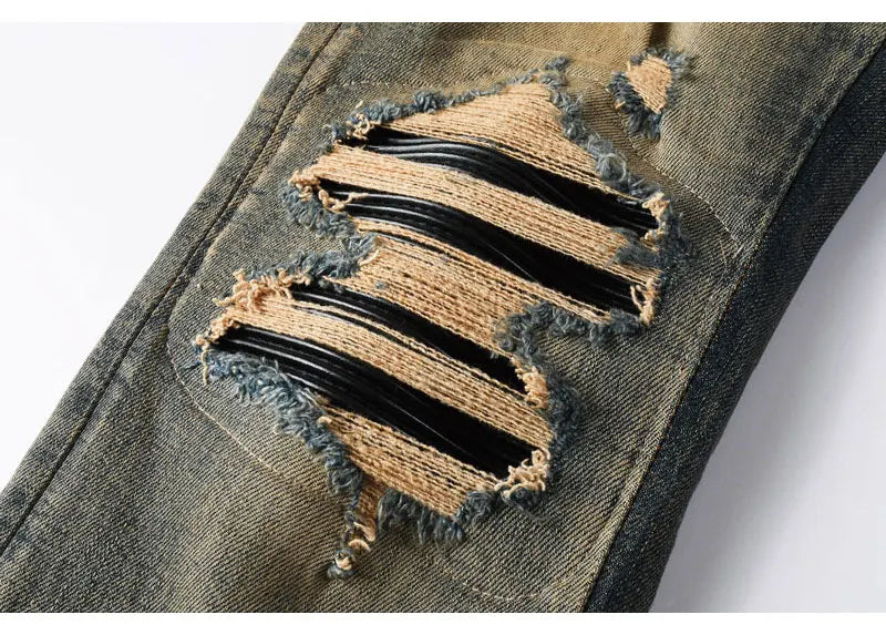 Y2k New Men's Jeans Washed Nostalgic Perforated Black Leather Patch Deep Blue Jeans High Street Designer Hip-Hop Brand High-Qual