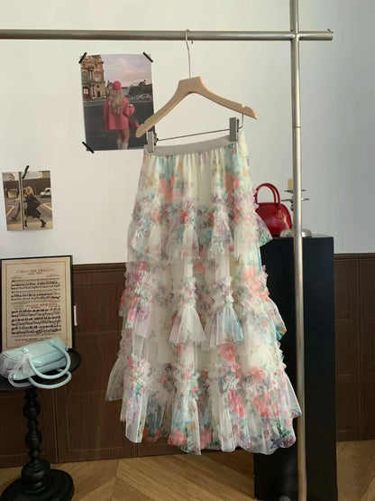 Faldas Y2k Elastic Waist Floral Print Mesh Skirt Women Summer Beach Vacation Style Versatile Stitching A-line Elegant Long Skirt