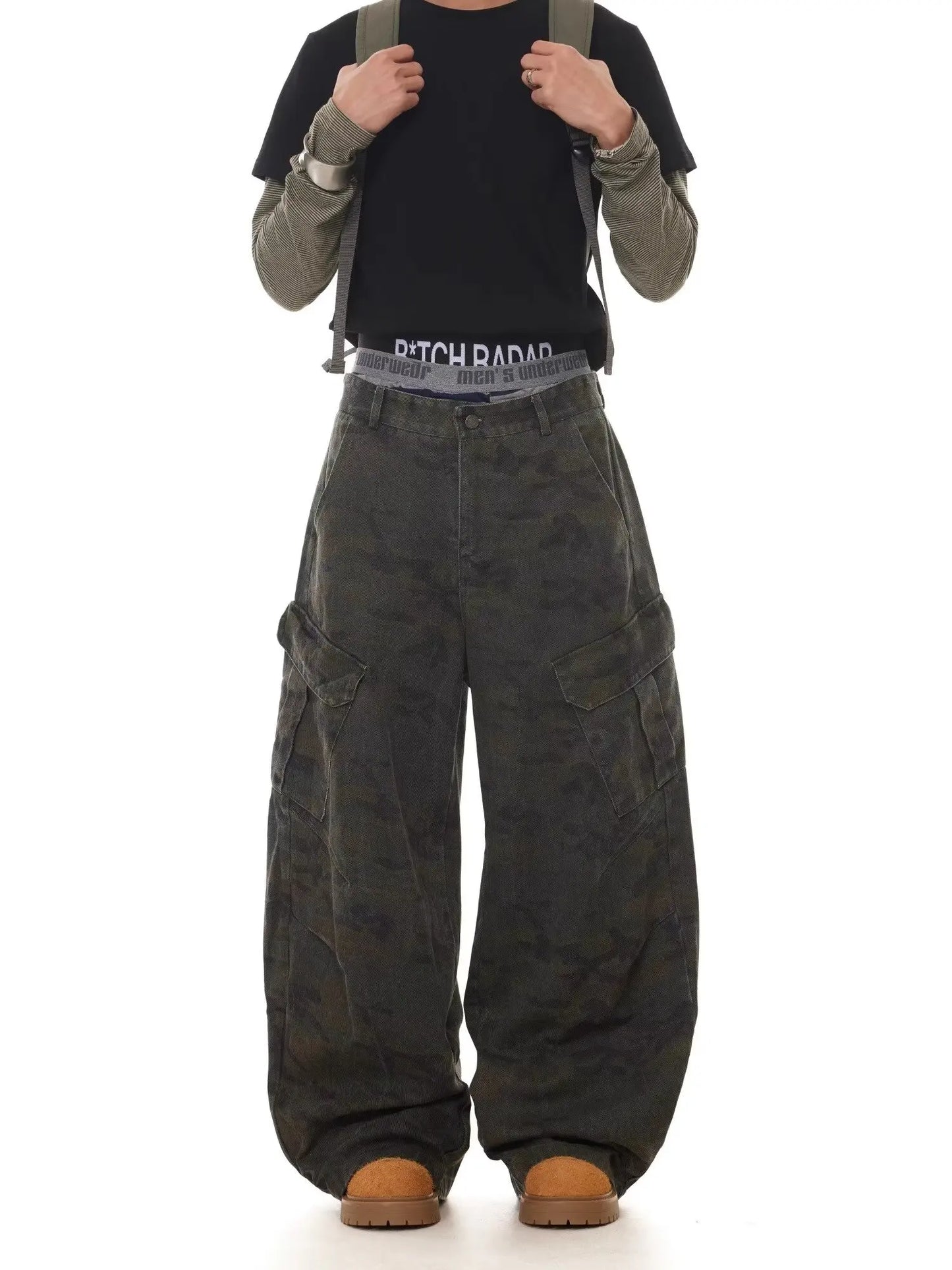 American Retro Multi-pocket Camouflage Silhouette Scimitar Jeans Niche Baggy Wide-leg Sickle Casual Pants Hoodies Men's Clothing