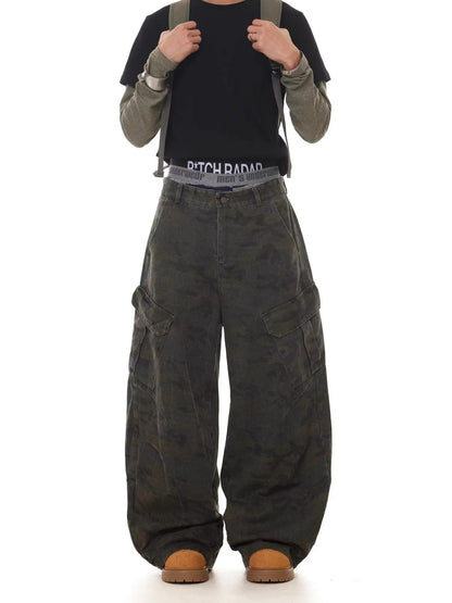 American Retro Multi-pocket Camouflage Silhouette Scimitar Jeans Niche Baggy Wide-leg Sickle Casual Pants Hoodies Men's Clothing