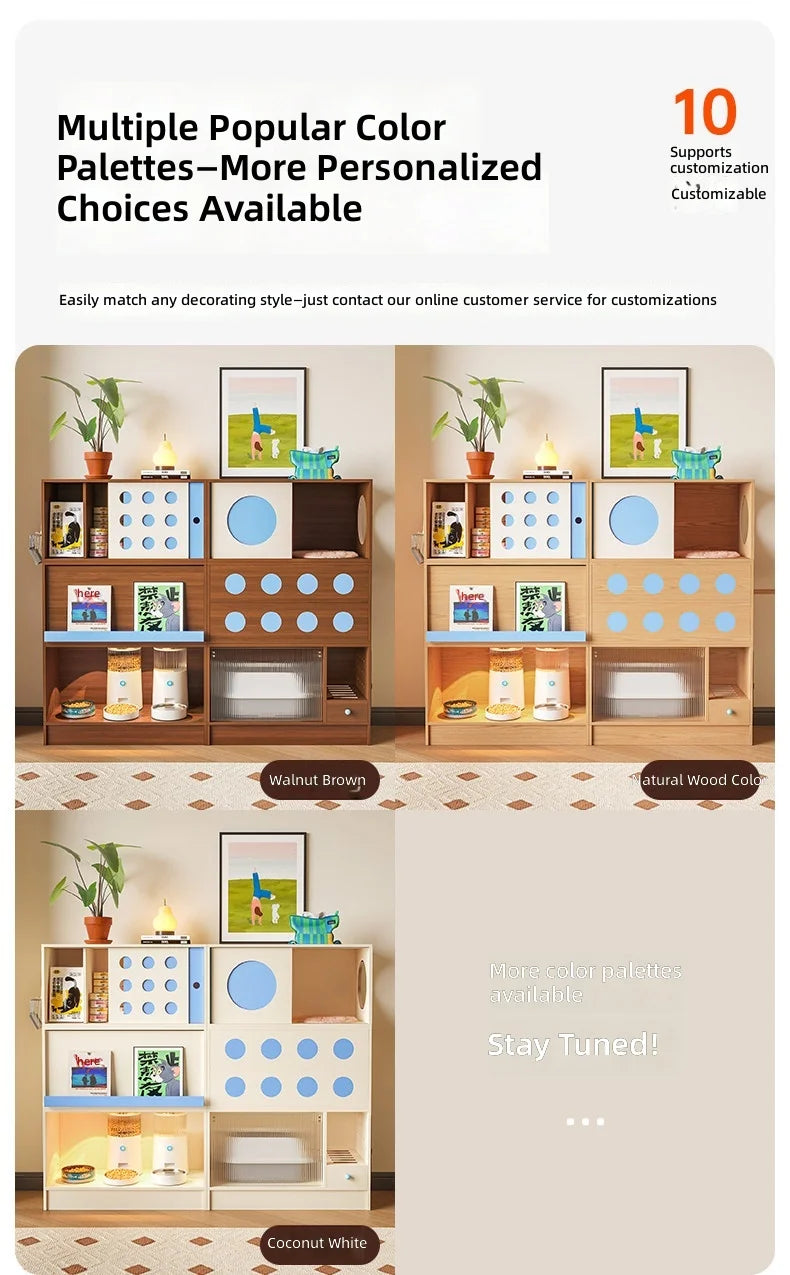 Triple-Function Cat House with Litter Box & Storage,Human-Pet Shared Furniture,Cat Tree Hut, Indoor Cat Den,Multi-Level Cat Fort