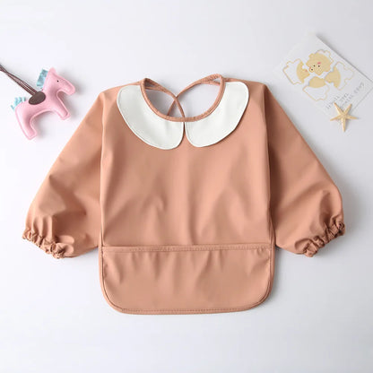 Easy Clean PU Full Sleeve Bib Baby Kids Solid Color Soft Faux Leather Children Apron Painting Meals Protection Waterproof Smock