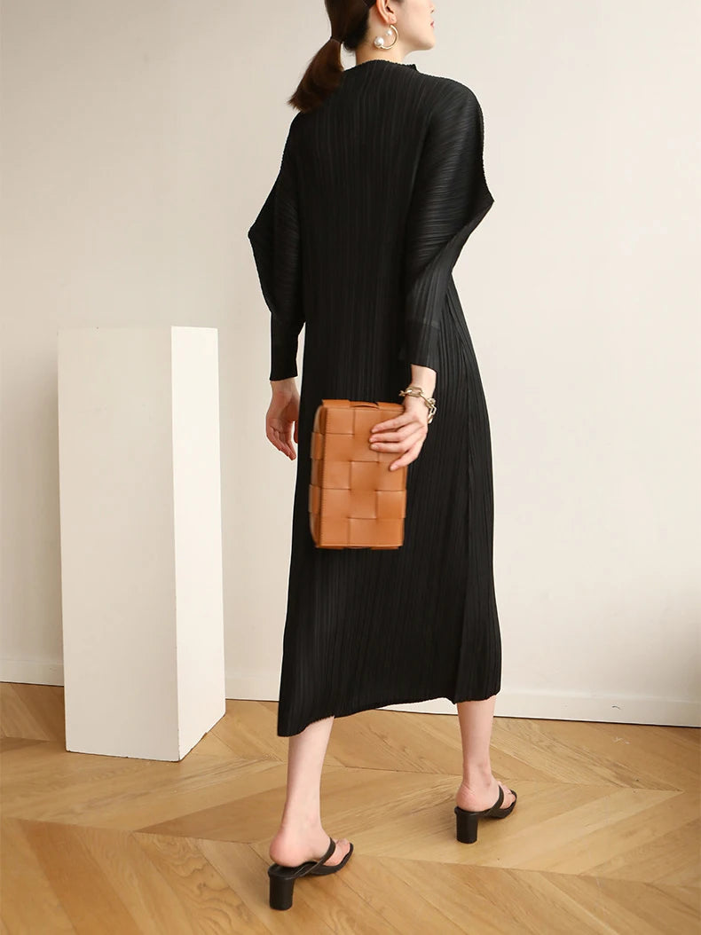Miyake Pleats Batwing Sleeve Pleated Long Dress Korean High Fashion Causal Elegant Women Designer Clothing