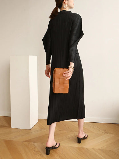 Miyake Pleats Batwing Sleeve Pleated Long Dress Korean High Fashion Causal Elegant Women Designer Clothing